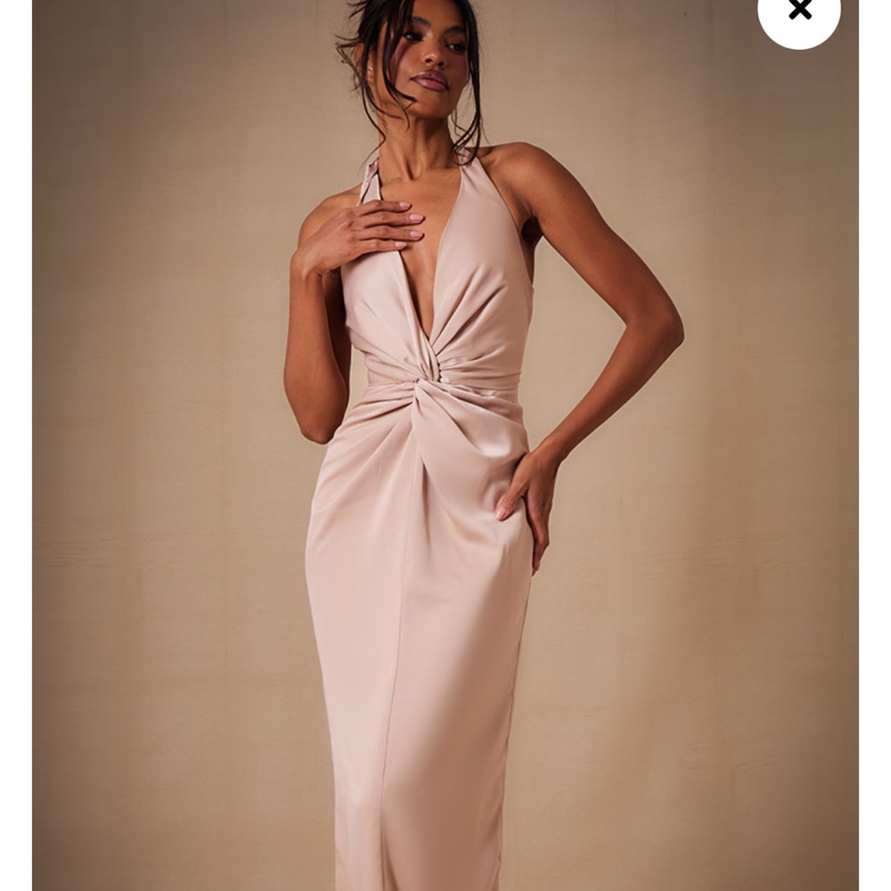 Pretty Little Thing Champagne Satin Twist Plunge Halterneck Maxi Dress